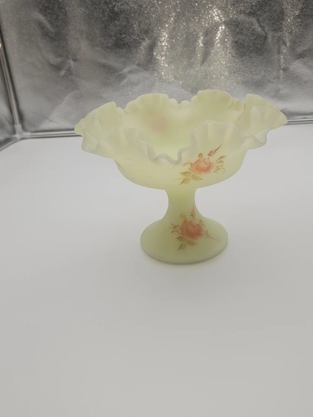 Fenton Pale Yellow Ruffled Compote with Pink Rose Details, Glows, No Chips/Crack